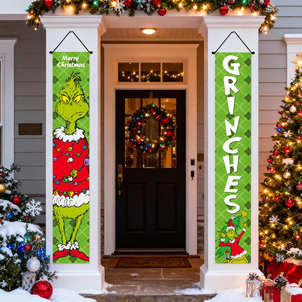 New Arrival! 30*180cm Christmas GreenGhost Couplets - Polyester,Durable& Eye-catching Design for Home & Cafe Decoration.