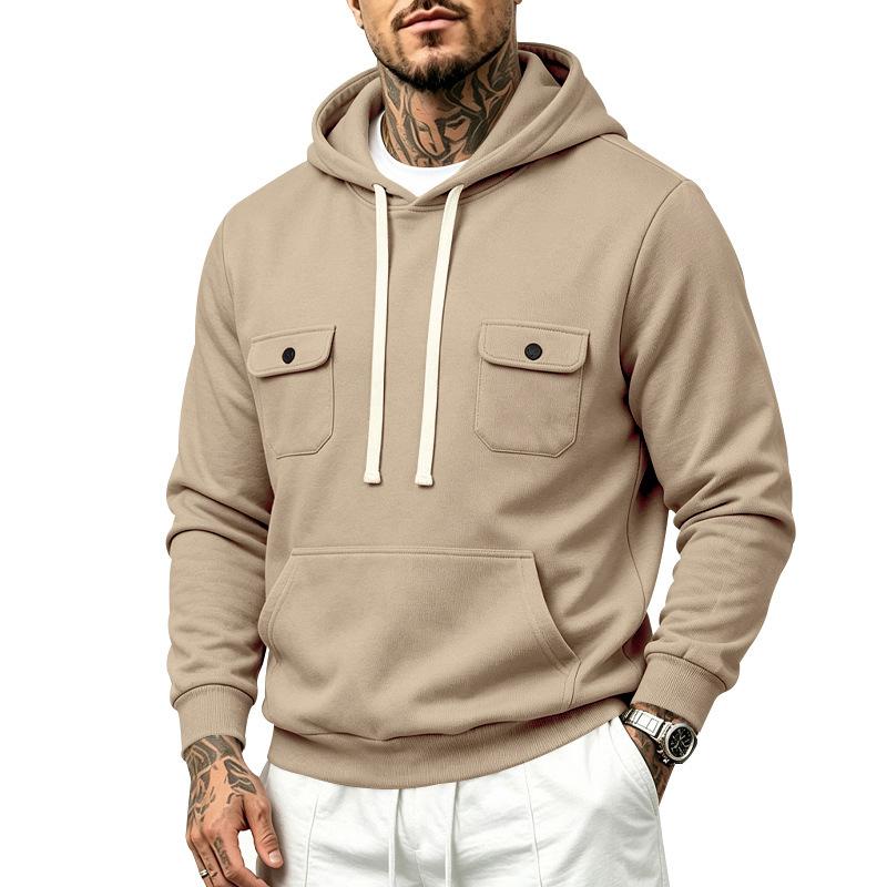 Men’s Heavyweight Fleece-Lined Outdoor Sports Loose-Fit Workwear Plain-Coloured Hooded Sweatshirt for Autumn/Winter