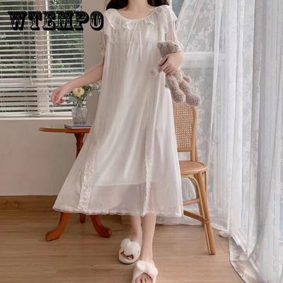 Gecelik Kadın İlkbahar Yaz ve Sonbahar Tatlı Kısa kollu/uzun kollu Seksi Dantel İnce Orta Uzunlukta Beyaz Elbise Ev Hizmeti