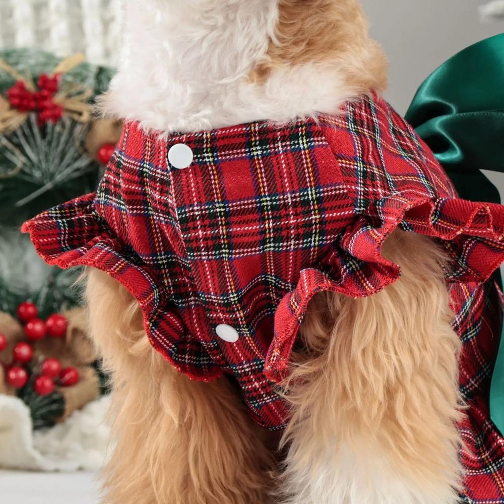 Dog Dress Pet Classic Plaid Skirt Kittens Puppies Dress Cute Little Flying Sleeves Bow Party Princess Dress New Year's Christmas