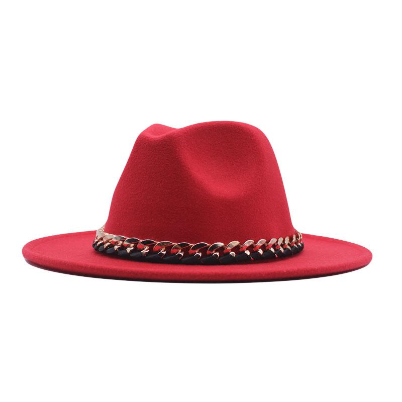 European, American Autumn and Winter British Style Fashionable and Elegant Flat-brimmed Big Eaves Hat Top Hat Men and Women Chain Jazz Woolen Hat