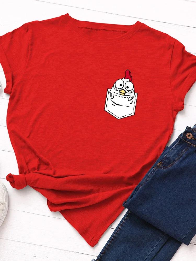 Pocket Chick Print Women T Shirt Short Sleeve O Neck Loose Women Tshirt Ladies Tee Shirt Tops Clothes Camisetas Mujer