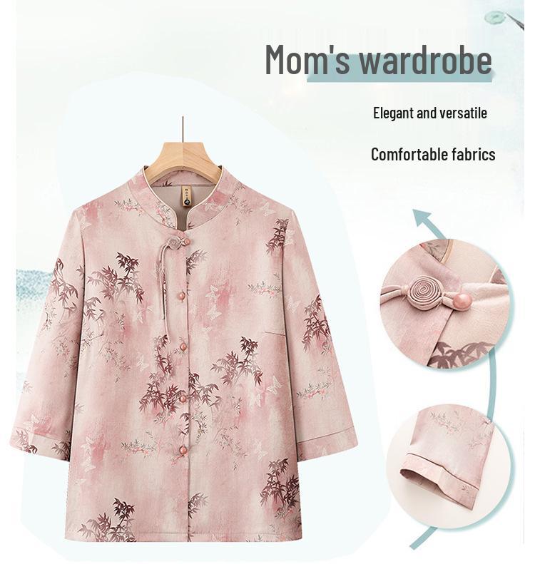 2026 Summer Women's Stand-up Collar Seven-Sleeve Chinese Style Top for Middle-Aged & Elderly