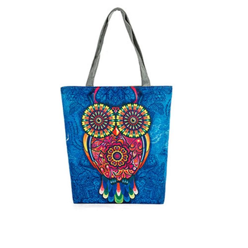 Lightweight Women s Canvas Tote Shoulder Handbag With Artistic Owl Design For All Occasions Blue