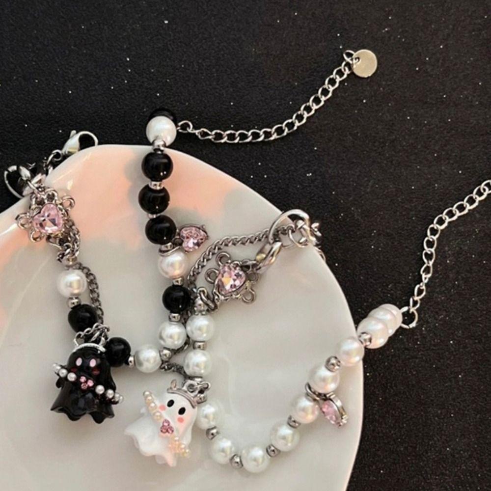2PCS Pearl Beaded Halloween Couple Bracelets Funny Ghost Pendant Bracelet  Friends