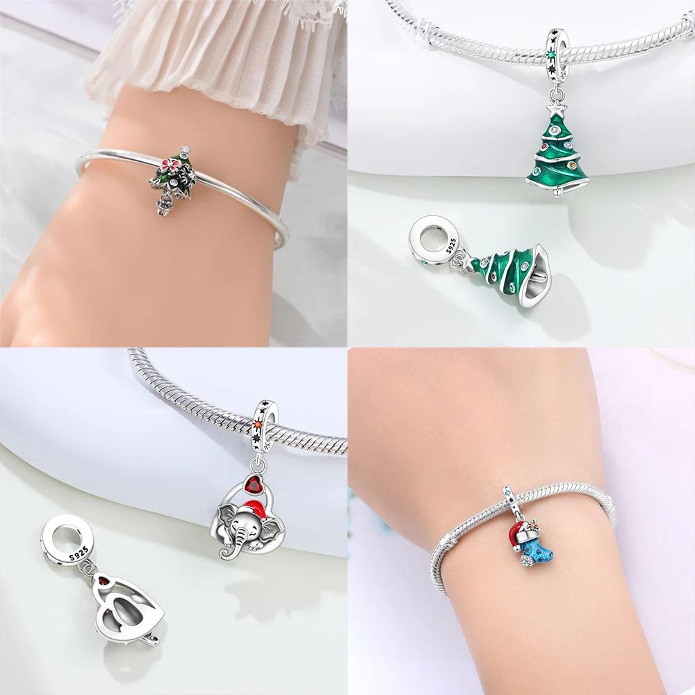 Green Christmas Tree Heart Pendant Blue Socks Original Copper Beads Fit Bracelet Anniversary Fine Gift Accessory Diy