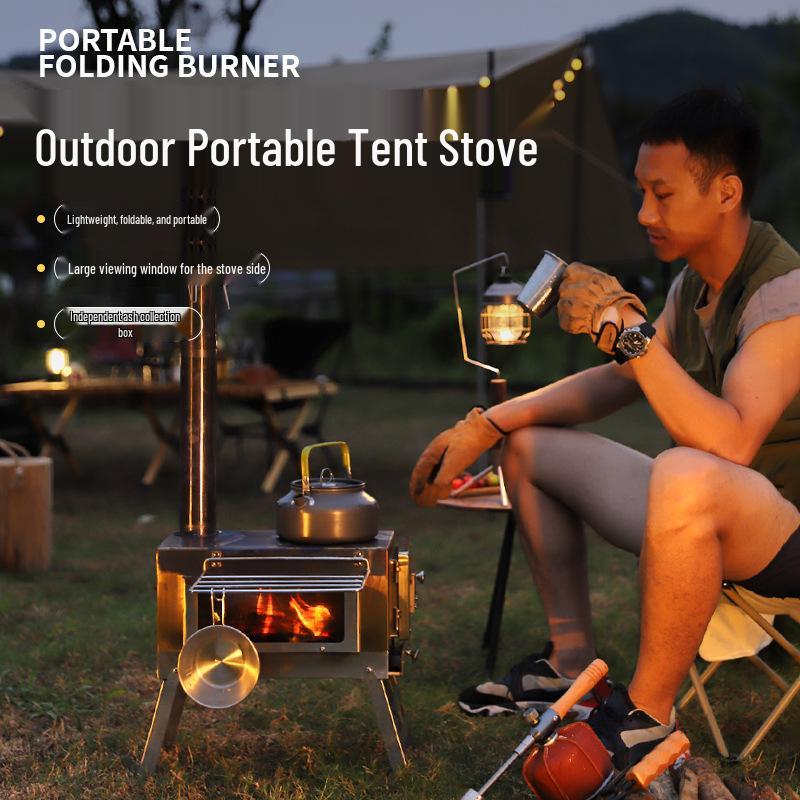 Portable Windproof Outdoor Stainless Steel Wood and Charcoal Camping Stove with Glass Heater and Grill
