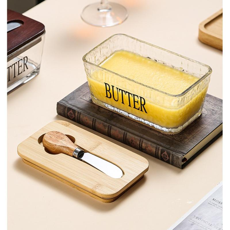 Western Glass Sealed Butter Box with Lid Spatula Rectangular Household Cheese Fresh-keeping Jar Household Cheese Box