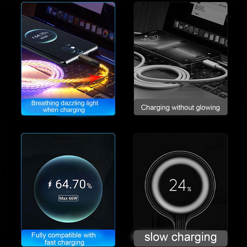 66w RGB Fast Charging Cable Compatible For Iphone Type-c Micro Usb Charger Cable Cool Colorful Glow Data Line