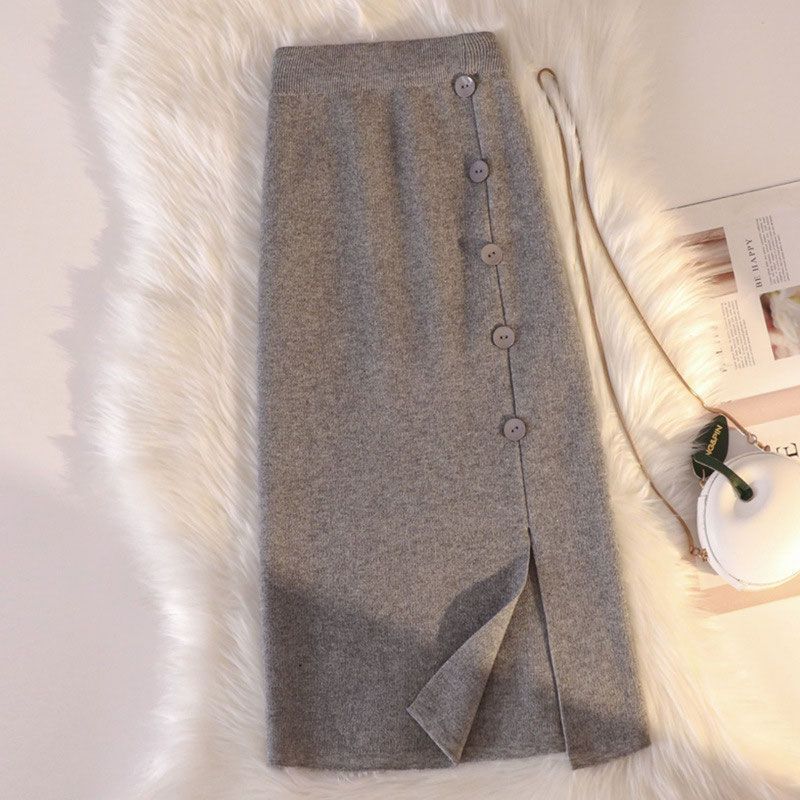 Mid Length Knitted Half Length Skirt for Women In Autumn and Winter High Waist Versatile Split Skirt A-line Hip Wrapping Skirt