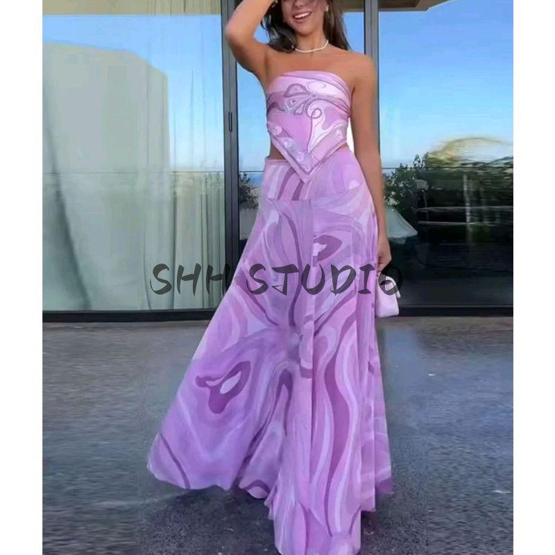 Vacation Style Shawl Decoration Print Tops + Tube Top Backless Print Print Tops + Print High Waist Long Skirt