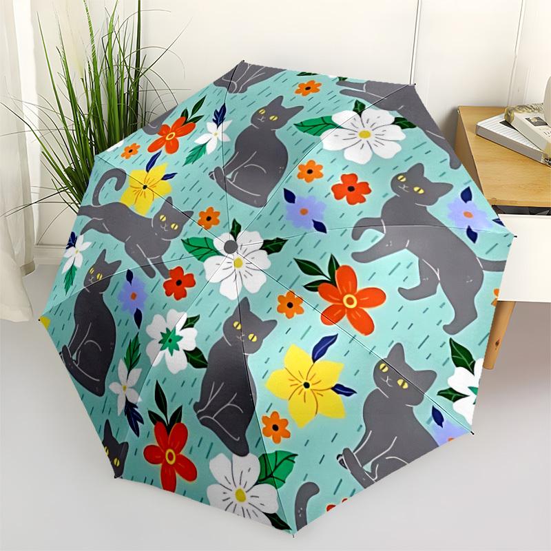 

1pc Cat Floral Open/Close Folding Umbrella, All- Portable Umbrella for & Men, Stylish Accessory (Holiday Gift) 8-Rib yy251213170