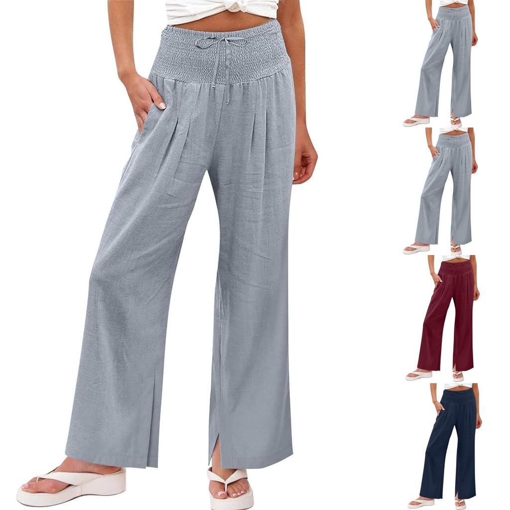Women Elastic High Waist Pant Casual Fit Wide Leg Long Pants Trousers With Pockets