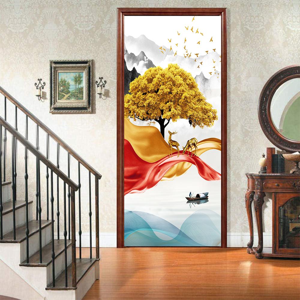 3D Landscape Door Fridge Decoration Stickers Animal Simple Abstract Lines Flowers Wallpaper For Living Room Home Decor Bedroom Art Decals