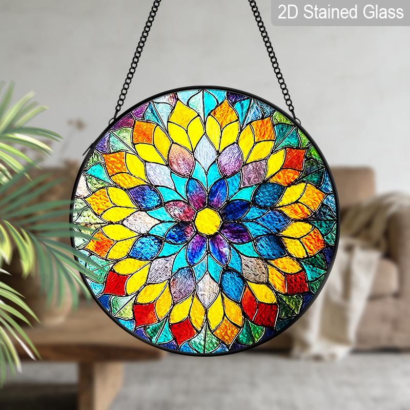 2D Flat Stained Glass Rainbow Mandala Window Decoration, 6.3/7.87inches Colored Glass Plate with Chain, Charming Indoor/Outdoor Sun Catcher Home