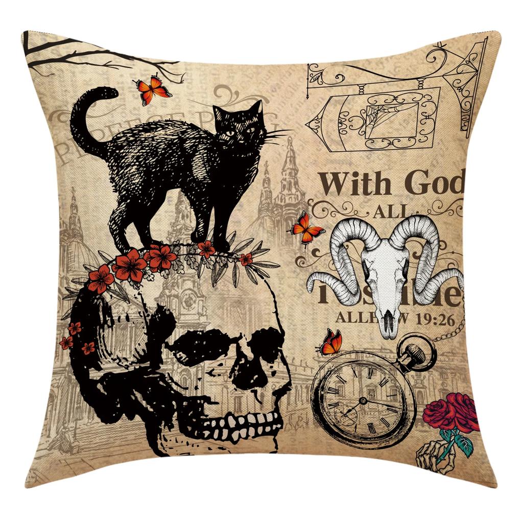 Halloween Pumpkin Scarecrow Pillowcase Black Cat Crow Skull Linen Sofa Cushion Cover Ghost Festival Home Decorative Pillow Case