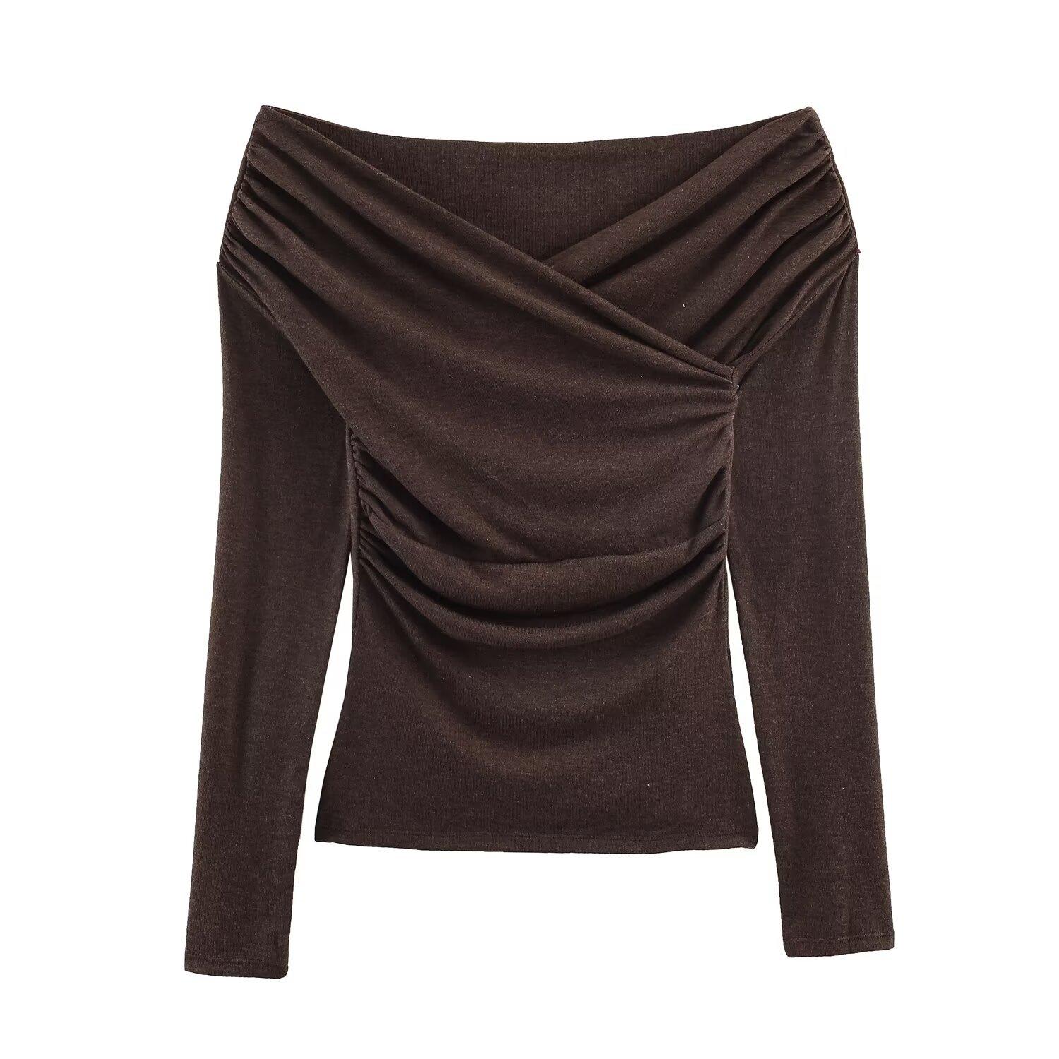 European and American style, new women s clothing, foreign style, fashionable double pleated neck pleated top 5039224 S коричневый