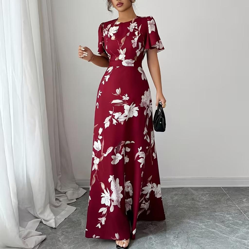 Women's Fashionable Round Neck Short Sleeved Floral Print Waist Cinched Bohemian Dress