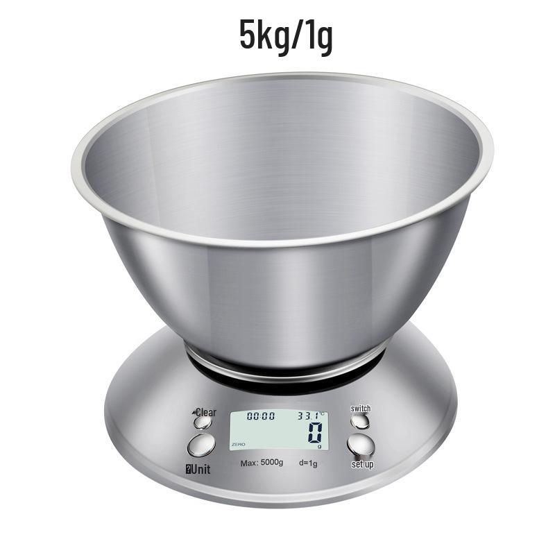 Stainless Steel Kitchen Scale with Bowl, 5kg/1g, 0.1g Precision Baking & Food Table Scale.