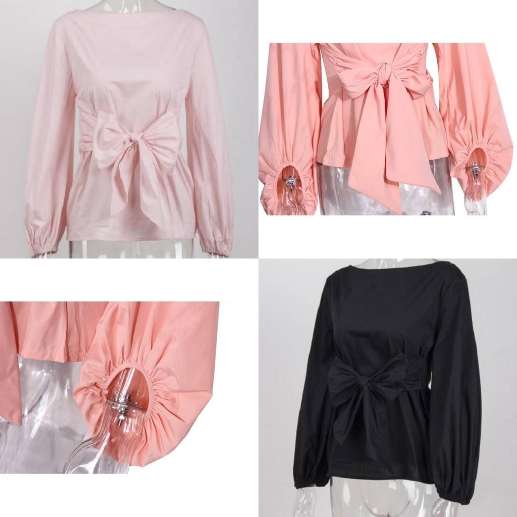 Trendy Loose-fit Chiffon Lantern Sleeve Top With Bowknot For Women Spring