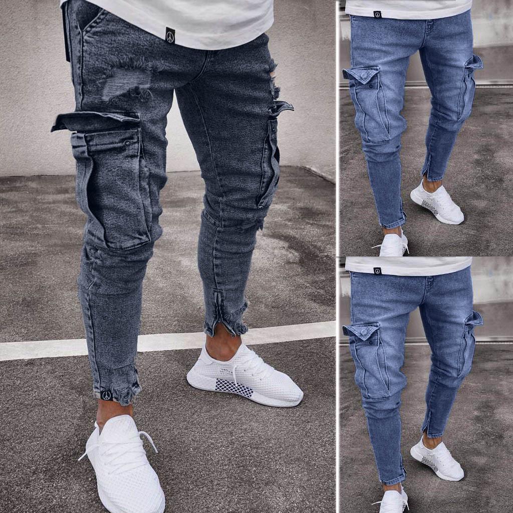 MakeWishes Denimi Men's Fashion Causal Pocket Zipper Slim Fit Shredded Denim Long Jeans Pants
