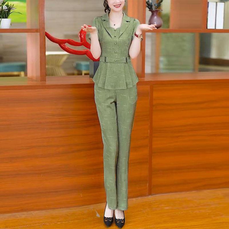 

Women s Summer Short Sleeve Top & Pants Professional Two-Piece Set 4XL for 145-160 lbs