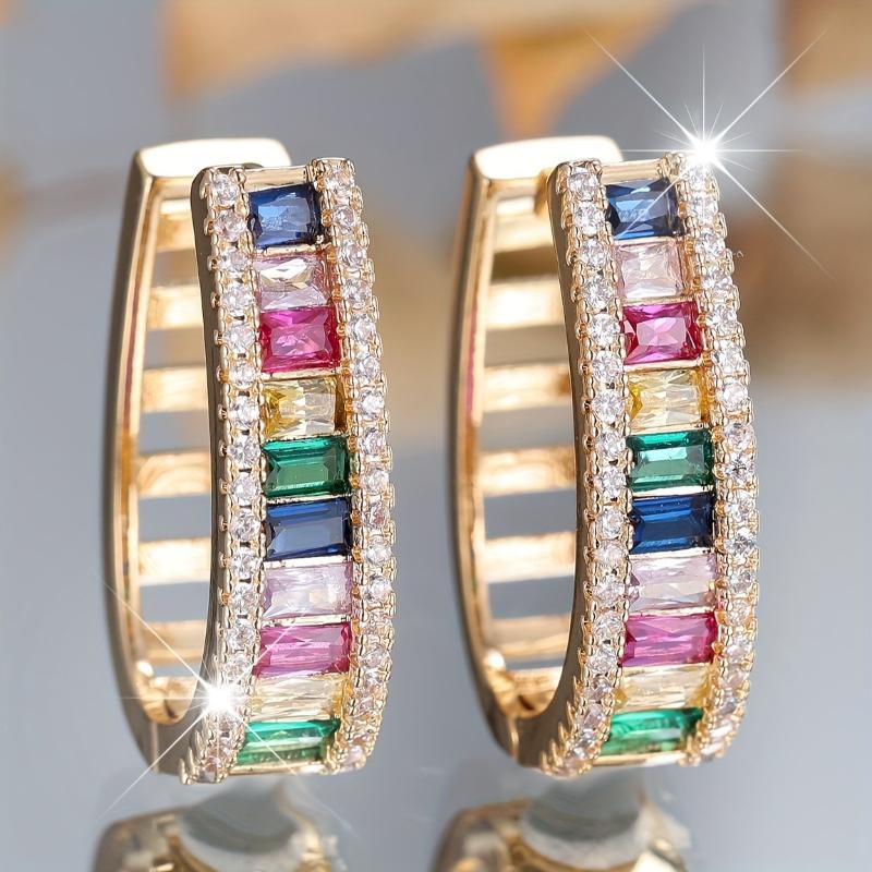 Sparking Colored Synthetic Zirconia Hoop Earrings for Women's Vintage Golden Plated Banquet Wedding Jewelry Accessories