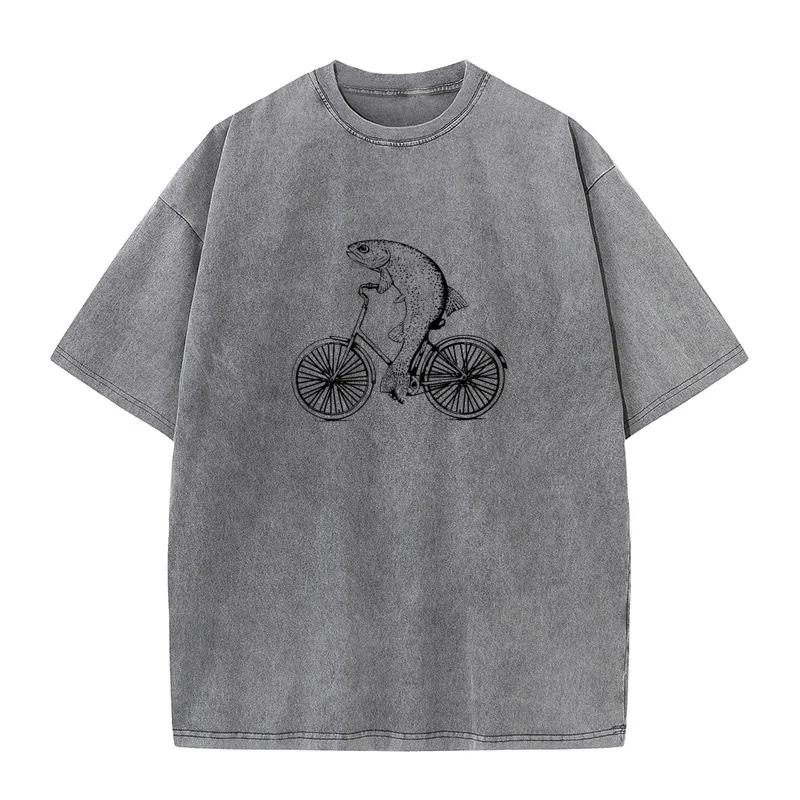 Tops Tees Washed Tops Shirt Bicycle Trout VALENTINE DAY Cotton Fabric O Neck Men Washed Retro T Shirts
