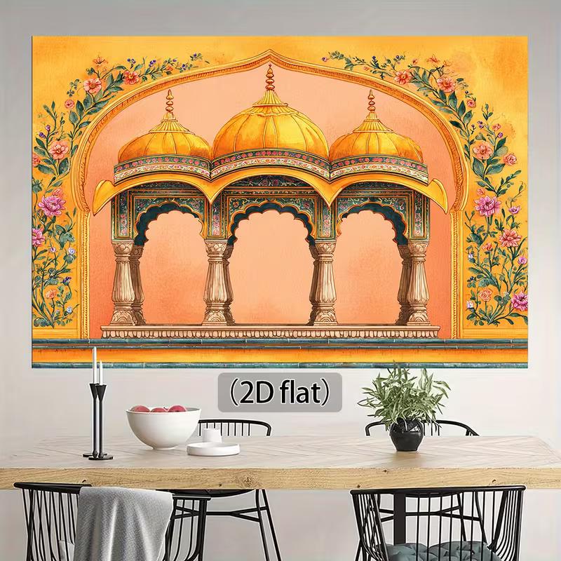 Traditional Indian 2D Backdrop, Mughal Temple Floral Watercolor Photo Background