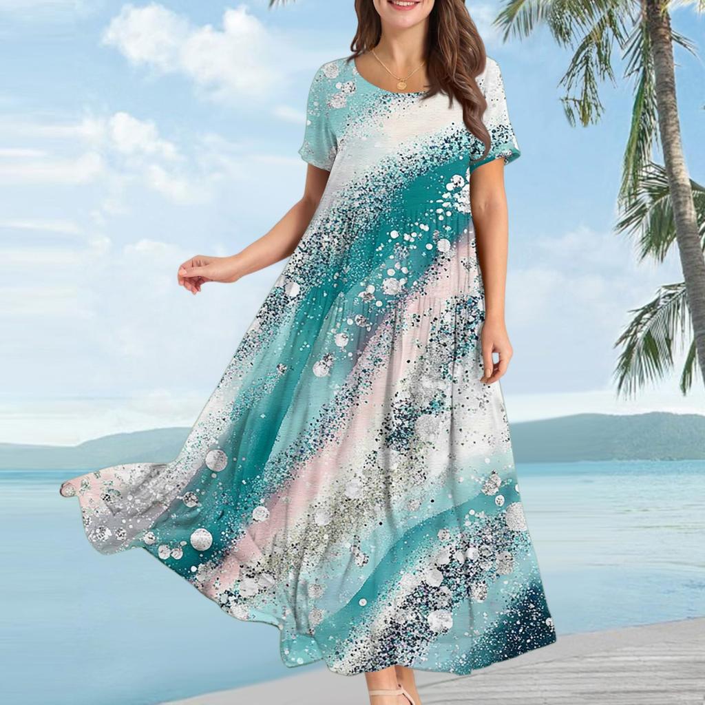 Women's Casual Loose Bohemian Floral Print Short Sleeve Dress