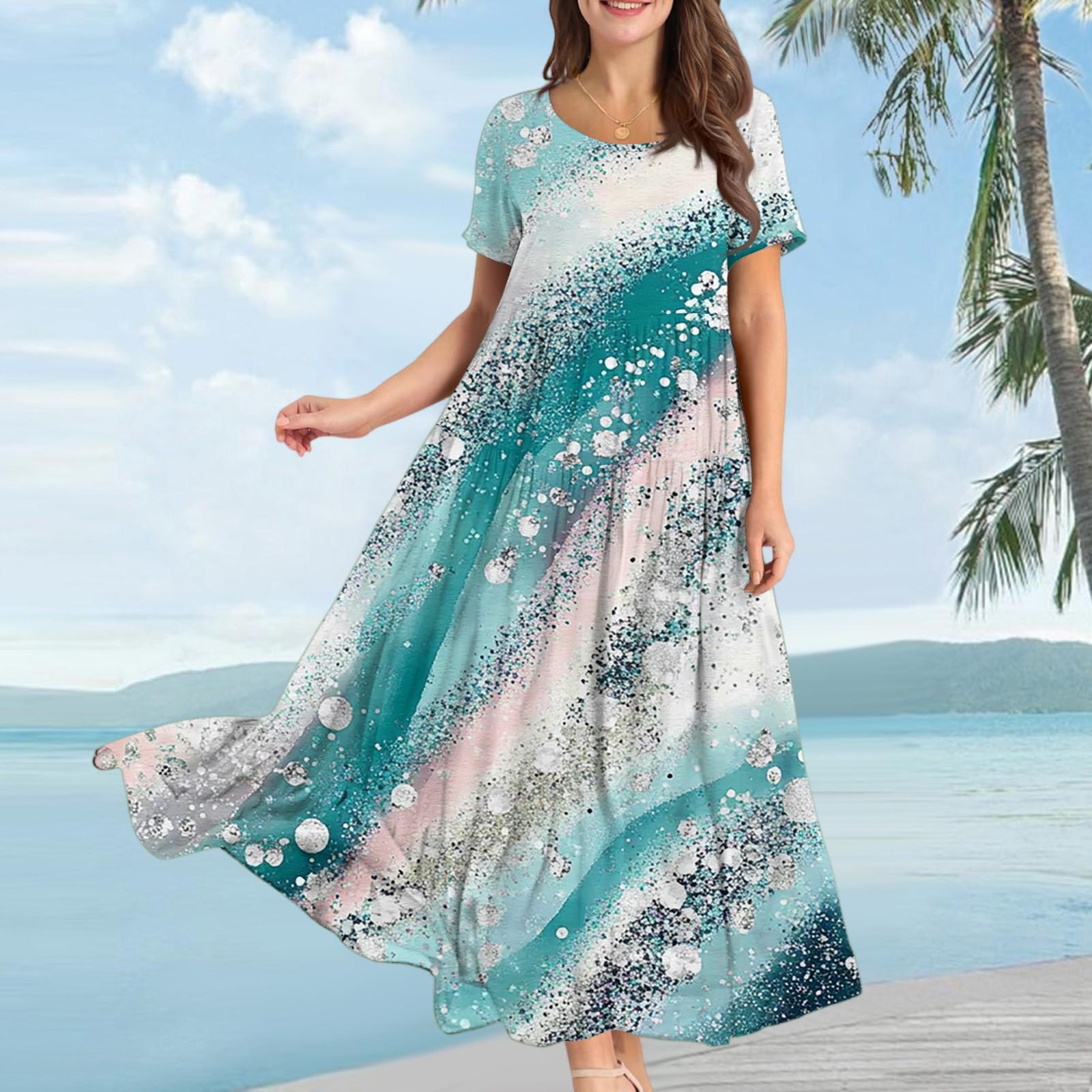 

Women s Casual Loose Bohemian Floral Print Short Sleeve Dress L Темно-синій