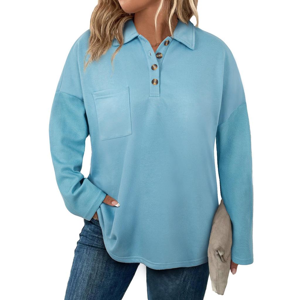 Women's Fashion Long Sleeve Plus Size Button V-Neck Check Patchwork Loose Sweatshirt Top