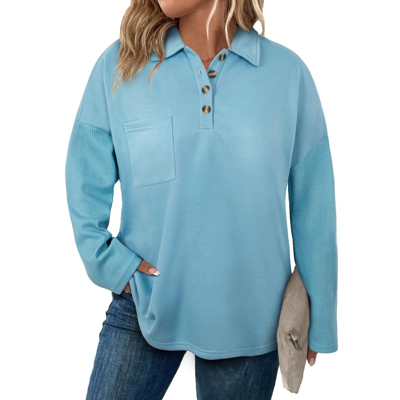 

Женская мода Длинный рукав Большой размер Пуговица V-образный вырез Клетка Пэчворк Свободный свитшот Топ XXXL синий