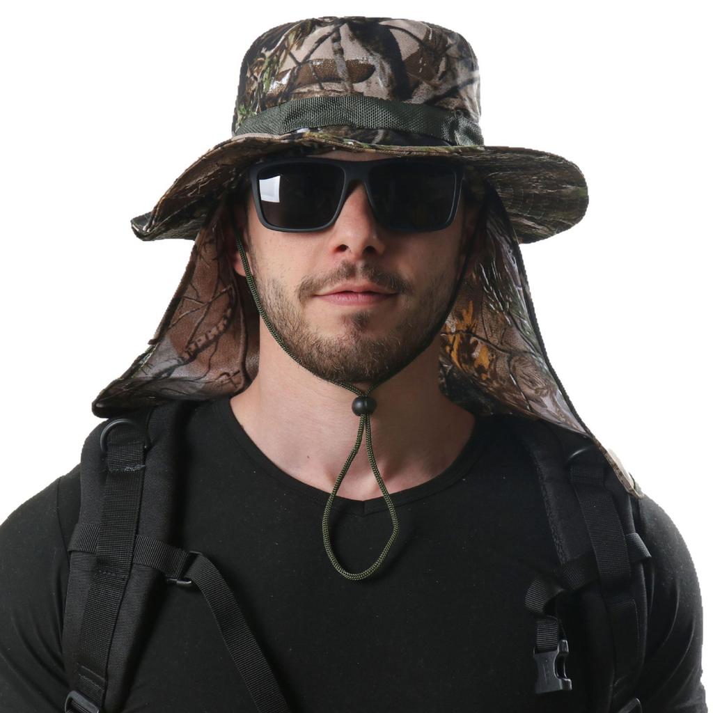 Men's and women's outdoor camouflage sun protection hat neck protection devil hat sunshade UV protection bucket hat leaf shawl hat