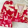 Vintage Cartoon Bear Letter Ice Silk Pajamas Set Short Sleeve Sleepwear Women