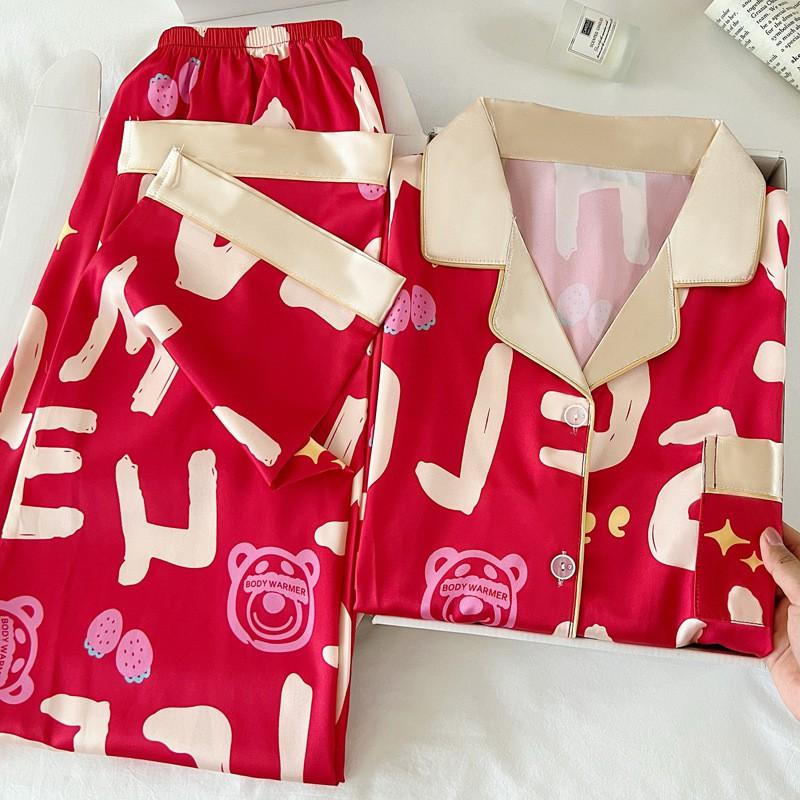 Vintage Cartoon Bear Letter Ice Silk Pajamas Set Short Sleeve Sleepwear Women