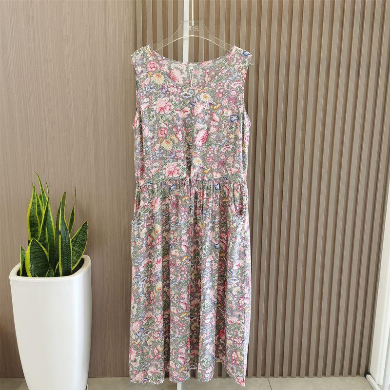 Summer New Arrival Women's Clothing Loose Round Neck Drawstring Sleeveless Printed Noil Poplin Dress Floral Sleeping Dress Soft Plaid