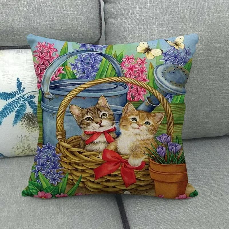 Lovely Cat Sleeping In The Garden Colorful Pillowcase Funny Animal Linen Cushion Cover Home Decor Seat Throw Pillow Covers