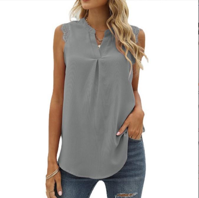 European & American Women's Fashion: Spring/Summer Solid Color V-Neck Sleeveless Shirt with Lace Trim