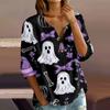 Women's Casual V Neck Button Front Three Quarter Sleeve T Shirt Halloween Print Lightweight Blouse for Everyday Wear and Seasonal Outfits