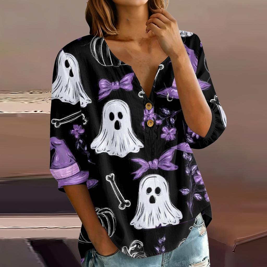 Women's Casual V Neck Button Front Three Quarter Sleeve T Shirt Halloween Print Lightweight Blouse for Everyday Wear and Seasonal Outfits
