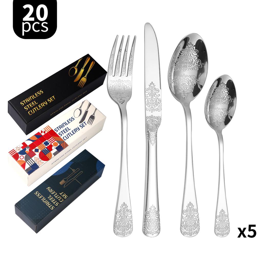 Thickened Pattern Stainless Steel Knife, Fork and Spoon Tableware 430 Double-Headed Pattern Knife, Fork and Spoon 24-Piece Set