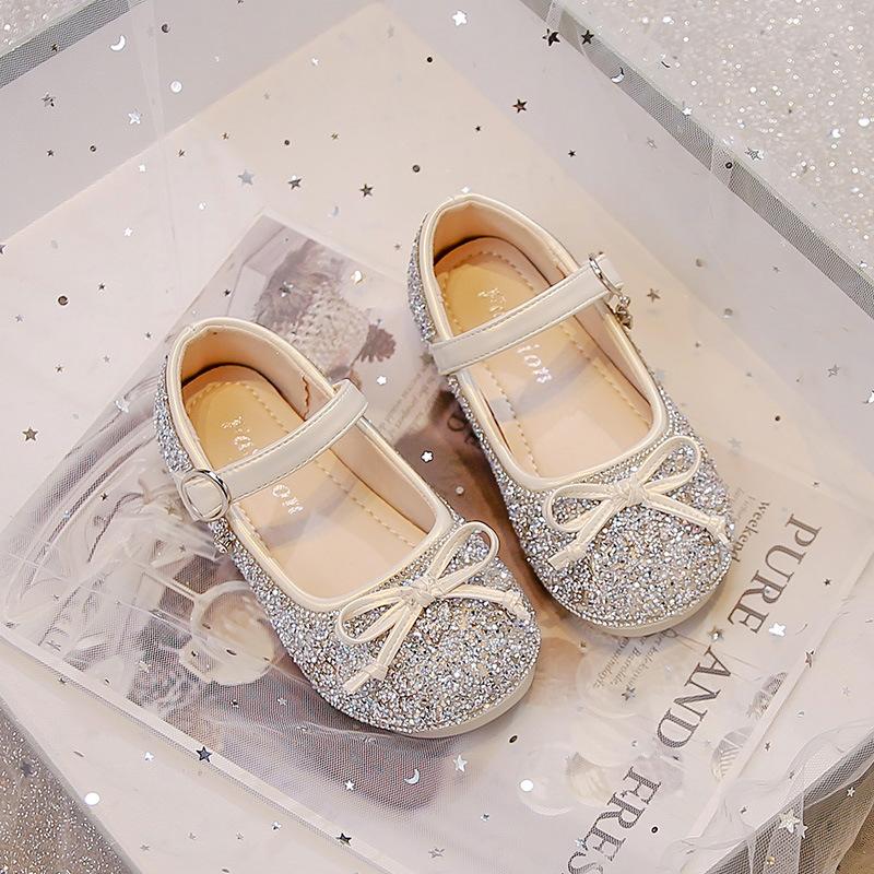 Girls' Rhinestone Crystal Princess Shoes2026Spring and Autumn Rhinestone Butterfly Cute Bow Solid Color Performance Shoes