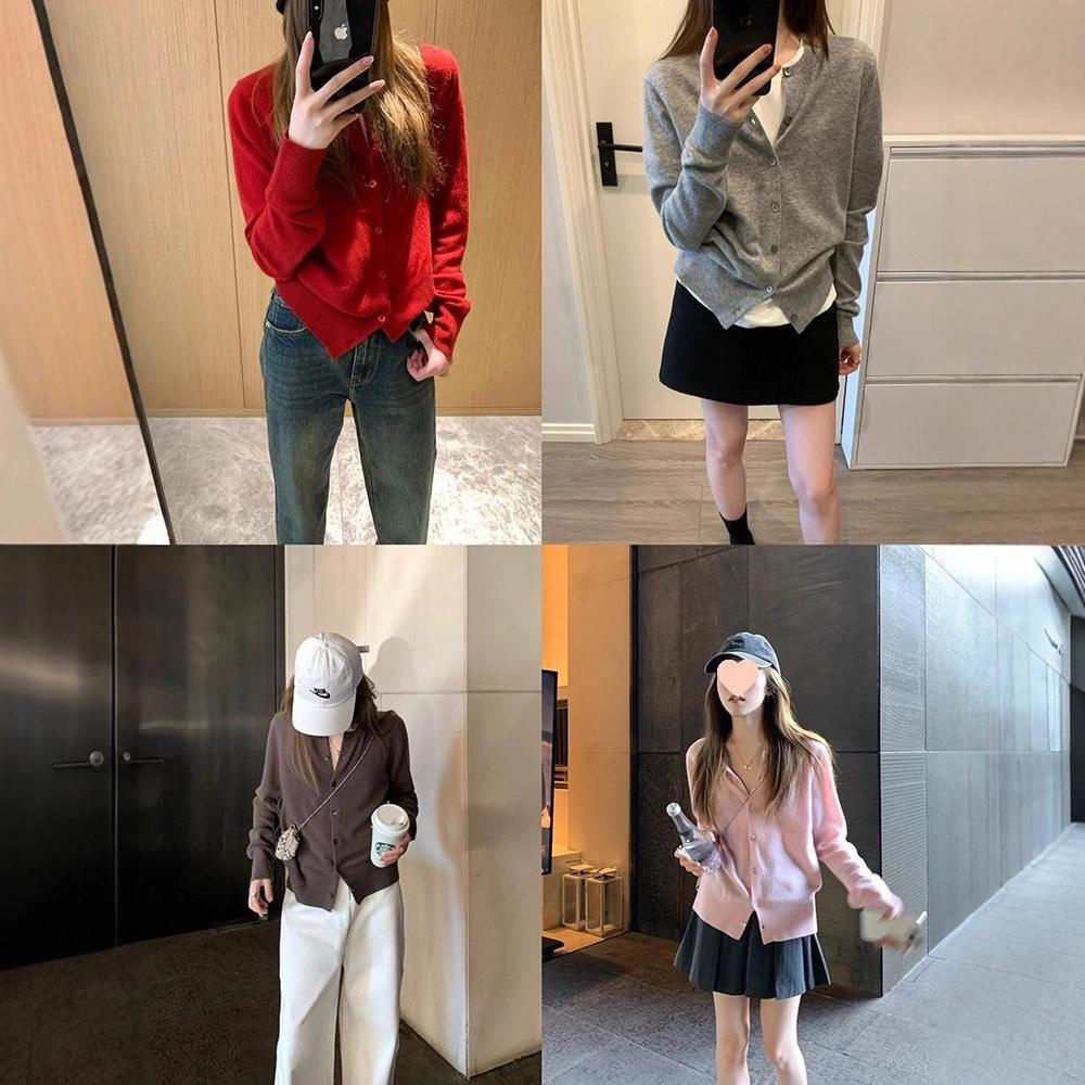 Dámský červený pletený kardigan s dlouhým rukávem Ancola - korejský styl, volný střih pro raný podzim