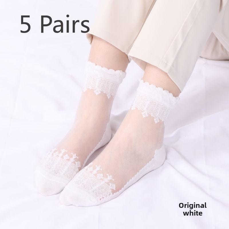 5 Pairs of Women's Spring Thin Mid Cylinder Cotton Sole Lace Lace Socks
