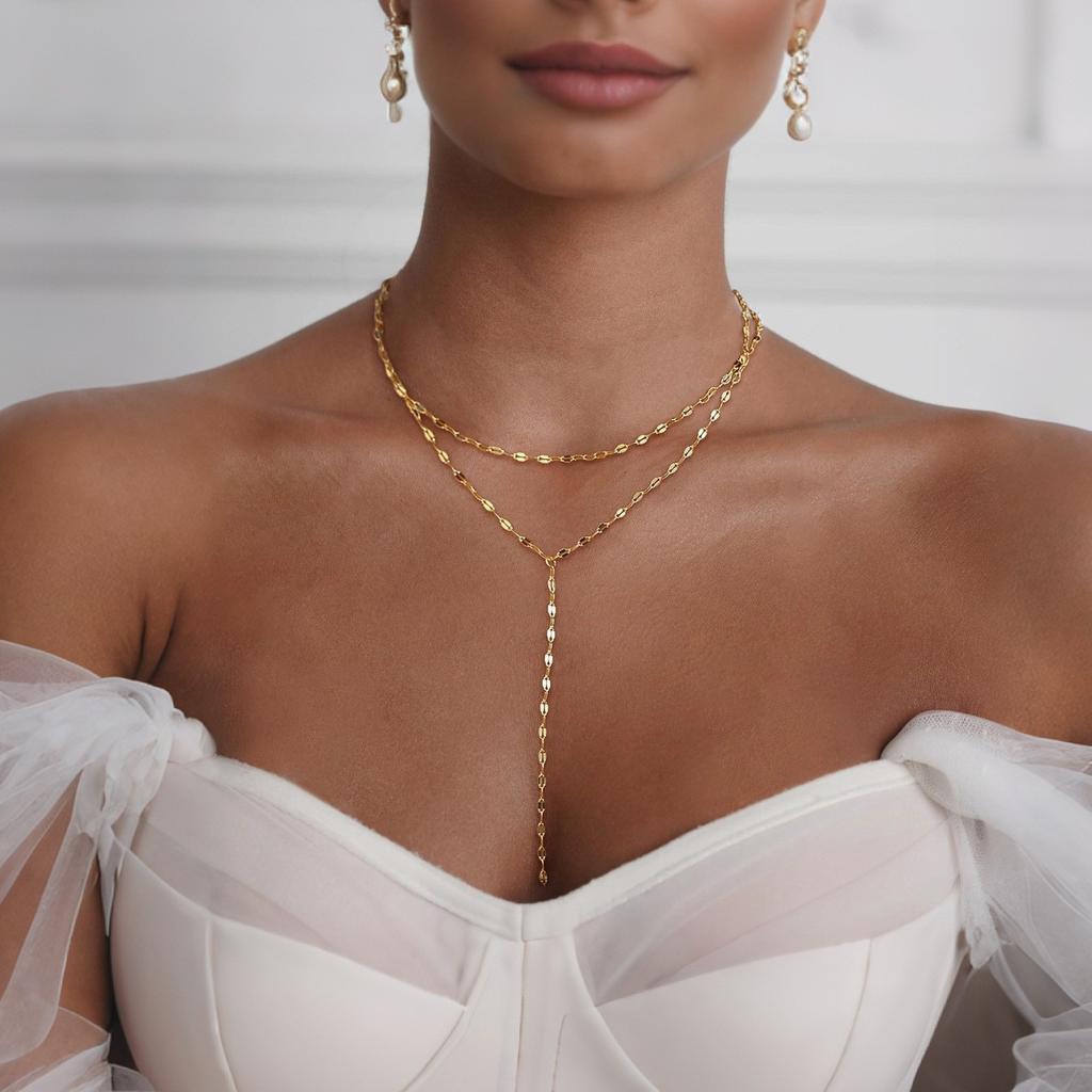 Classic Gold Color Double Layered Long Tassel Chain Necklaces for Women Simple Metal Geometric Bead Choker Necklace Fashion Jewelry