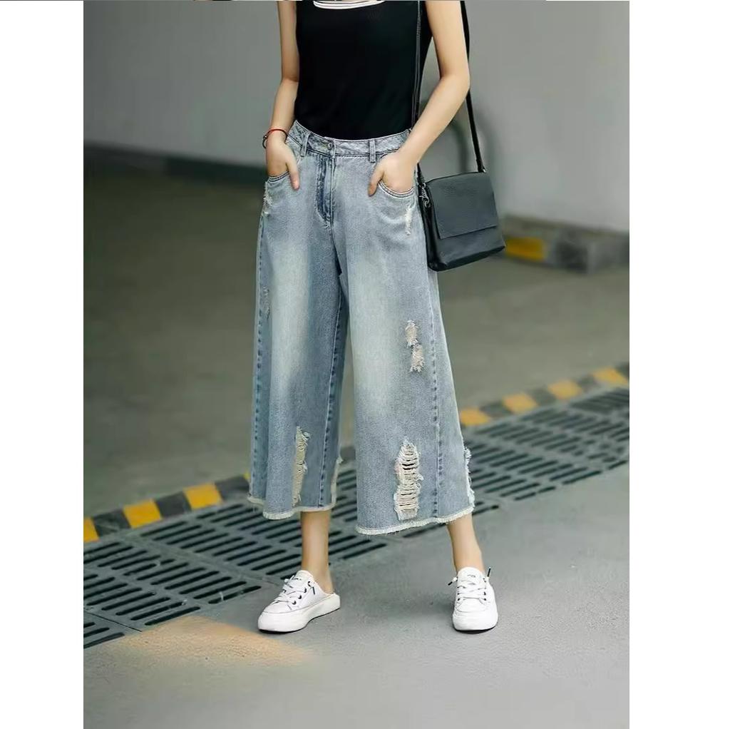 Retro Distressed Ripped Jeans for Women In Summer, Thin, High Waisted, Loose, Wide Leg Pants for Women, Short and Casual Cropped Pants