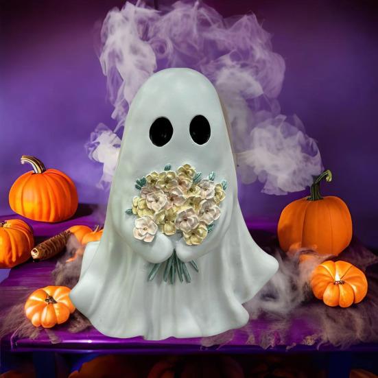 Halloween Ghost Figurine Small Resin Ghost Holding Flower Statue Cute Ghost Tabletop Decor for Halloween Porch Indoor Outdoor Decoration