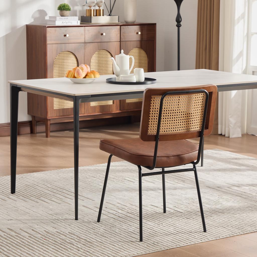 Modern Dining Chair, Set of 2, PU Leather Upholstery In Vintage Style, Without Armrests, Solid Wood Frame, Rattan Look, Adjustable Metal Feet-Brown