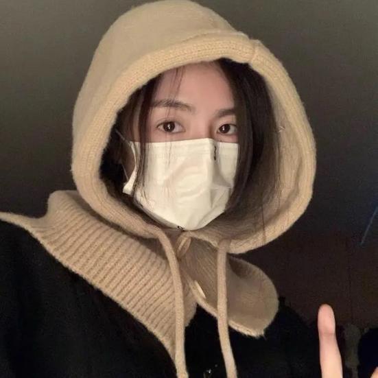 Knitting Hat Solid Color Buttons Closure Drawstring Hooded Scarf Women Winter Warm Windproof Elastic Thermal Hat